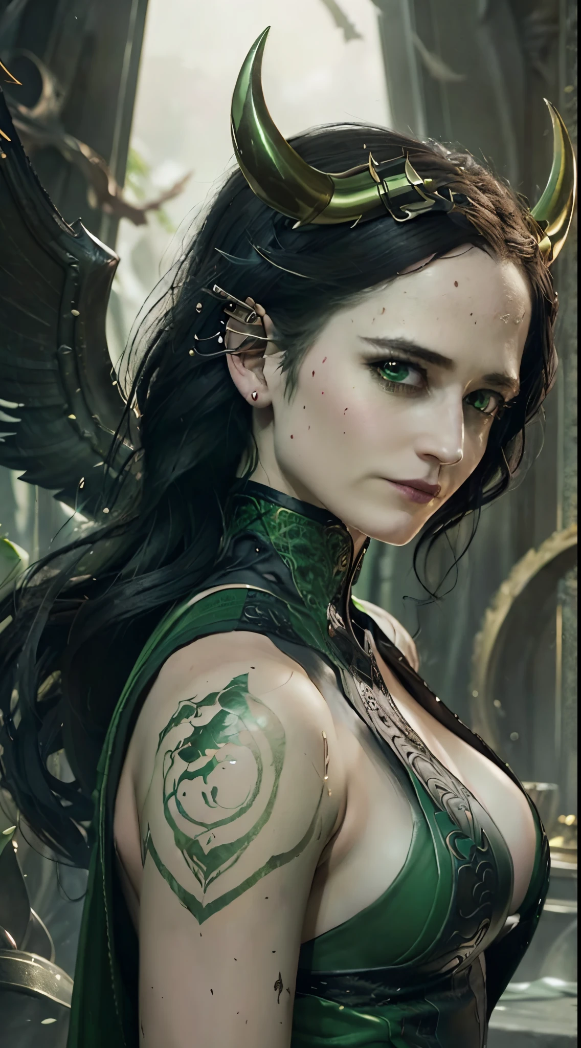 ((女性 3v4gr33n)) 女性として Loki768, セクシーな緑の衣装, 黒ストッキング, ハイヒールのブーツ, 小さな角のある王冠, 詳細な背景, 詳細な顔, 空中に渦巻く緑の神秘的なルーン, 緑の配色, 魔法のグリーンパワー, 対称的な構成, 壮大な雰囲気, 複雑な, 細部までこだわった, シャープなフォーカス, 劇的, グレッグ・ルトコウスキーによるフォトリアリスティックな絵画