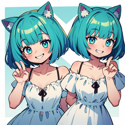 portrait of solo catgirl, short fluffy turquoise hair in a wavy bob-cut, grin, smile, hands behind back, (white off-shoulder sun...