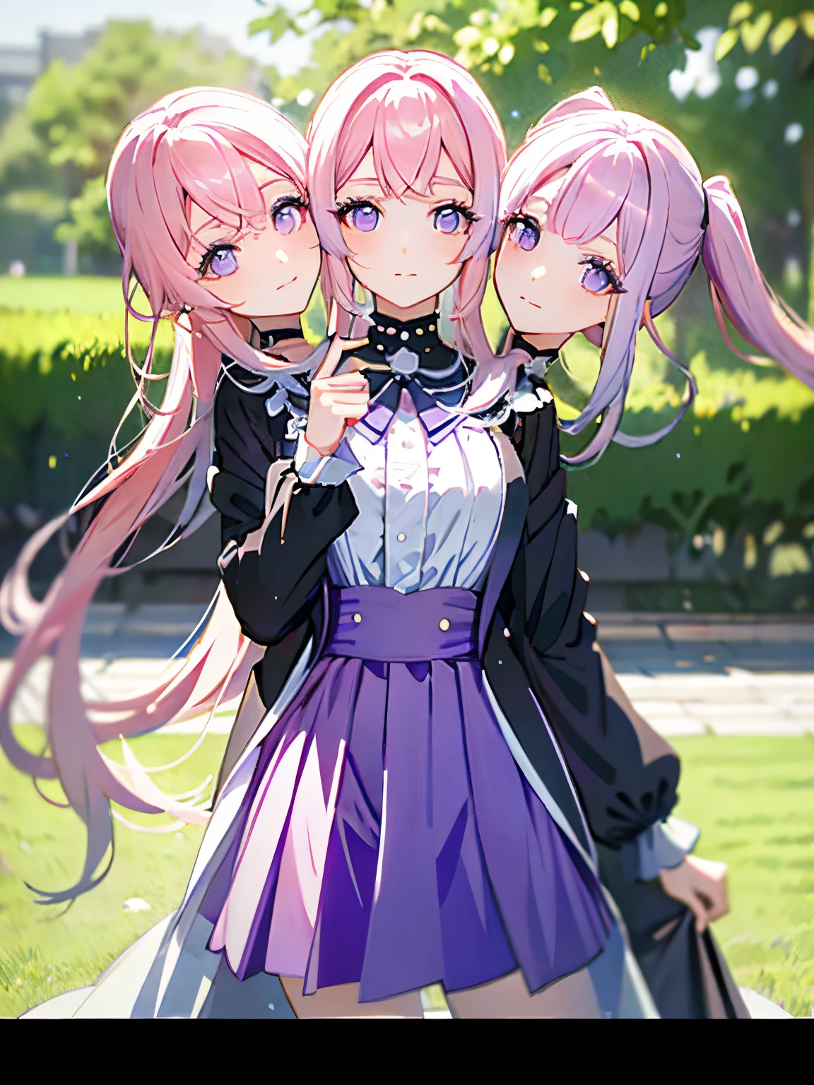(masterpiece, best quality), best resolution, (3heads:1.5), 1girl, kokomi character, pink hair, purple eyes, different facial expressions, contemplative, trying to decide what to buy, long dress, black plaited skirt, 