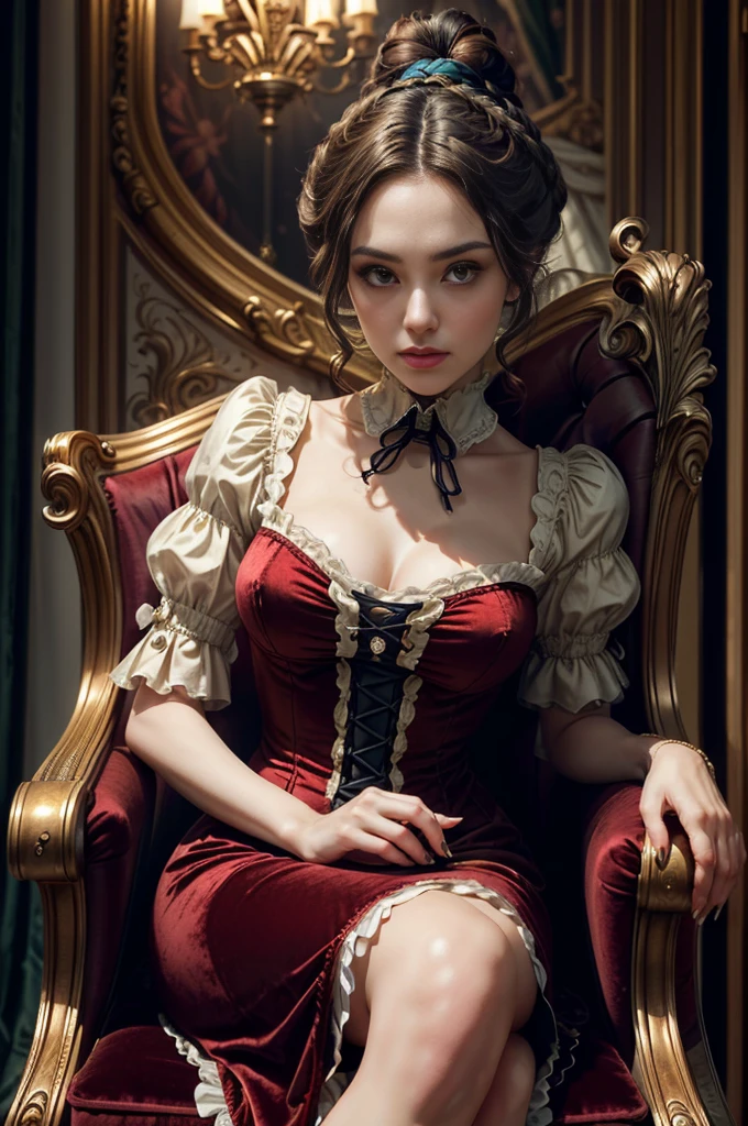 a beautiful elegant, confident, rich and powerful woman, ((hair tied in a bun with a Victorian hairstyle)), elegant and sexy, ((wearing a Victorian Era dress)), ((Victorian style )), ((Half Body Shot)), ((sitting in a velvet armchair in a room richly decorated with Victorian era furniture)), (( Victorian era decor)),, Daeni Estilo Pin, [Daniel F. Estilo Gerhartz::0.5], Imagem UHD, Alugar, 8k, photo-realistic, Epic lighting, Sharp, Realistic, Romantic, foco