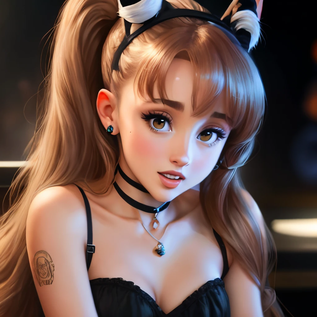 A close up of a woman with a cat ear and a black dress - SeaArt AI