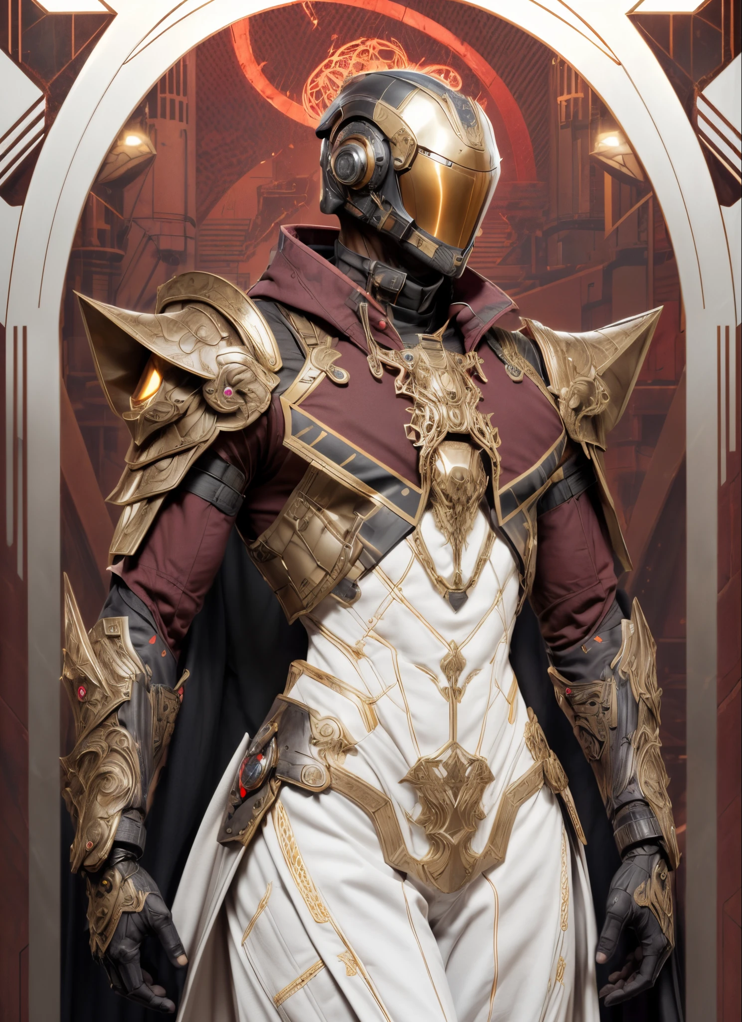 An epic and visually stunning digital artwork featuring a mid-30's feminine male astro marine with a scifi astro knight helmet that covers his whole head, armor plated flat masculine chest. The character is adorned in a scifi tactical armored trench coat, the armor plating on the upper arms and shoulders beautifully engraved. The image showcases the beauty and elegance of the character, capturing their flamboyant essence and heavy tactical goth aesthetic. The character has bright piercing beautifully rendered brass colored eyes that stand out against their helmet visor. The character also possesses androgynous features, with slim yet heavily muscled physique, sylphlike with a beautiful feminine waist and toned yet beautifully sleek cybernetic arms, gothic tribal markings flowing up their abs and down their arms, adding to their unique appearance, extremely beautiful eyes, extremely detailed eyes
