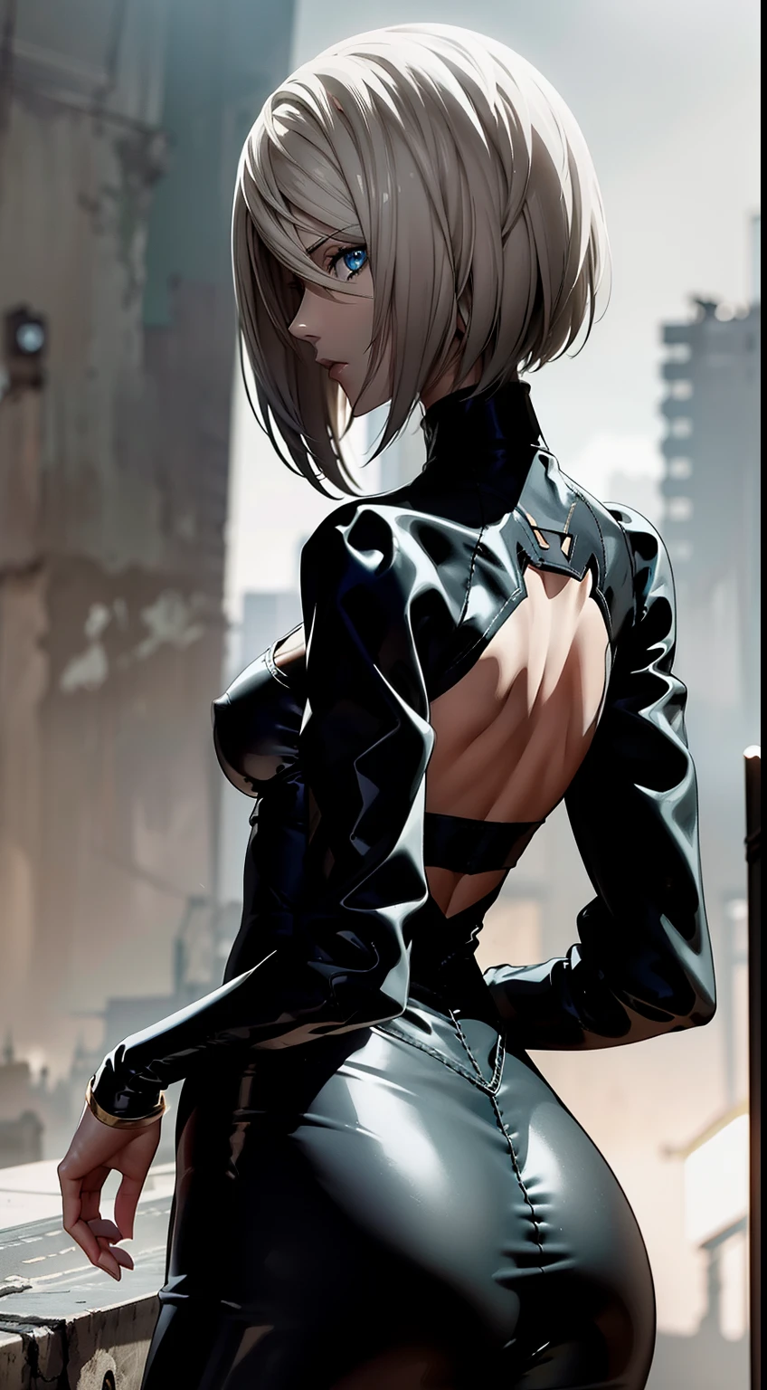 gloomy composition, gloomy background, Ruins, ruined city, Very detailed. stands on the edge of the roof, gloomy composition, The Gloomy Room, gloomy atmosphere, very detailed eyes, grey-blue eyes, Beautiful figure, night city, Cyberpunk city, very detailed eyes, Beautiful figure, Lucy from the anime series Cyberpunk Edge Runner, a 1girl, facing the viewer, Beautiful figure (Proper Anatopy 1.1.), in full height (Body Full 1.1), Slim, Slender figure, Slender figure, shapely legs, Anime style, white colored hair, white colored hair, that disappear at the ends, Bob hairstyle, short white jacket, tight black suit, Cutouts on the shoulders, Cutouts on the chest, Neckline at the waist, Skinny black leather pants, Very detailed face, Very beautiful face, Very sexy ass, in full height (Body Full 1.1), small elastic breasts, Little ass, Beautiful slim figure, small buttocks, Light, femininity，tmasterpiece，beste-Qualit，higly detailed，Visible to the feet， 8K resolution， High Sharp， 8K resolution， higly detailed， 8K UHD， Professional lighting， Photon mapping，physical based rendering， a perfect face， detailed face and body， ray traced， expressive look， Cinmatic Lighting，elastic small breasts, Heightened sexuality，