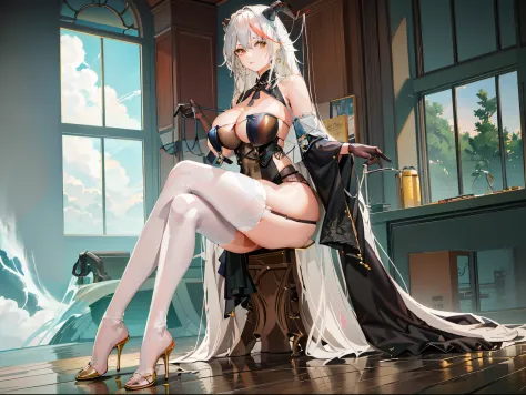 There is a woman sitting on a chair in the room, seductive anime girls, beautiful attractive anime woman, guweiz on artstation pixiv, anime goddess, guweiz on pixiv artstation, Squatting anime beauty, Popular topics on cgstation, A masterpiece by Guvitz, A...