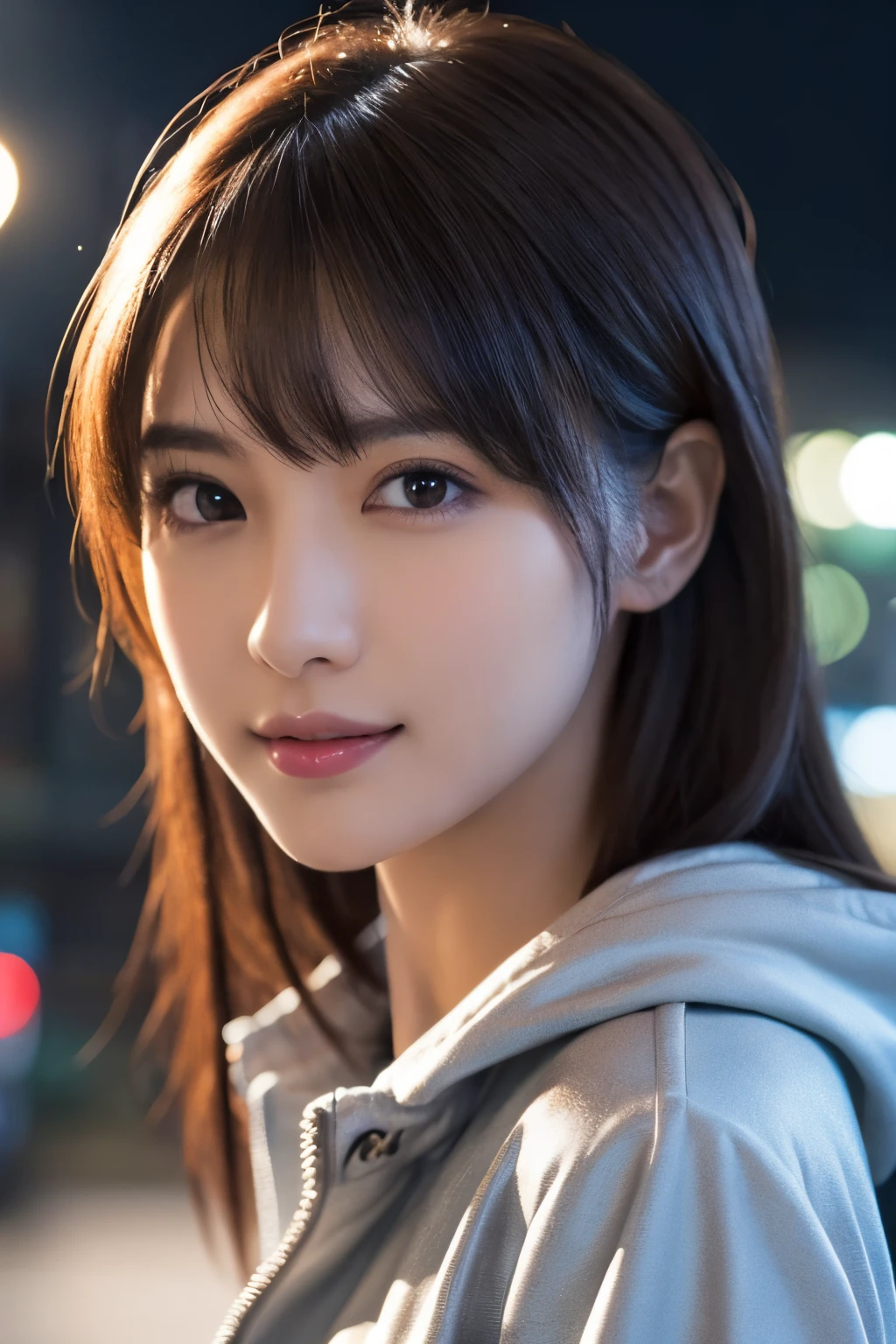 1girl in, (wear a platinum coat:1.2), (Raw photo, Best Quality), (Realistic, Photorealsitic:1.4), masutepiece, Extremely delicate and beautiful, Extremely detailed, 2k wallpaper, amazing, finely detail, the Extremely Detailed CG Unity 8K Wallpapers, Ultra-detailed, hight resolution, Soft light, Beautiful detailed girl, extremely detailed eye and face, beautiful detailed nose, Beautiful detailed eyes, Cinematic lighting, illumination of the city at night, Perfect Anatomy, Slender body, Taut, 
Straight semi-long hair, Bangs, Looking at Viewer, A slight smil