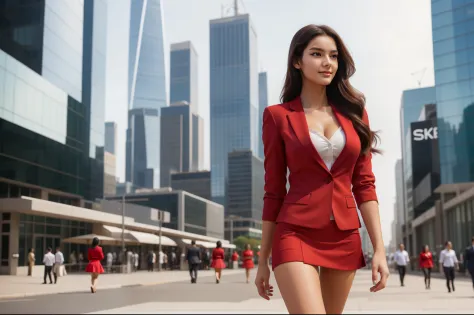 A girl in a business outfit walking alone confidently in a busy city street, surrounded by tall glass buildings and bustling wit...