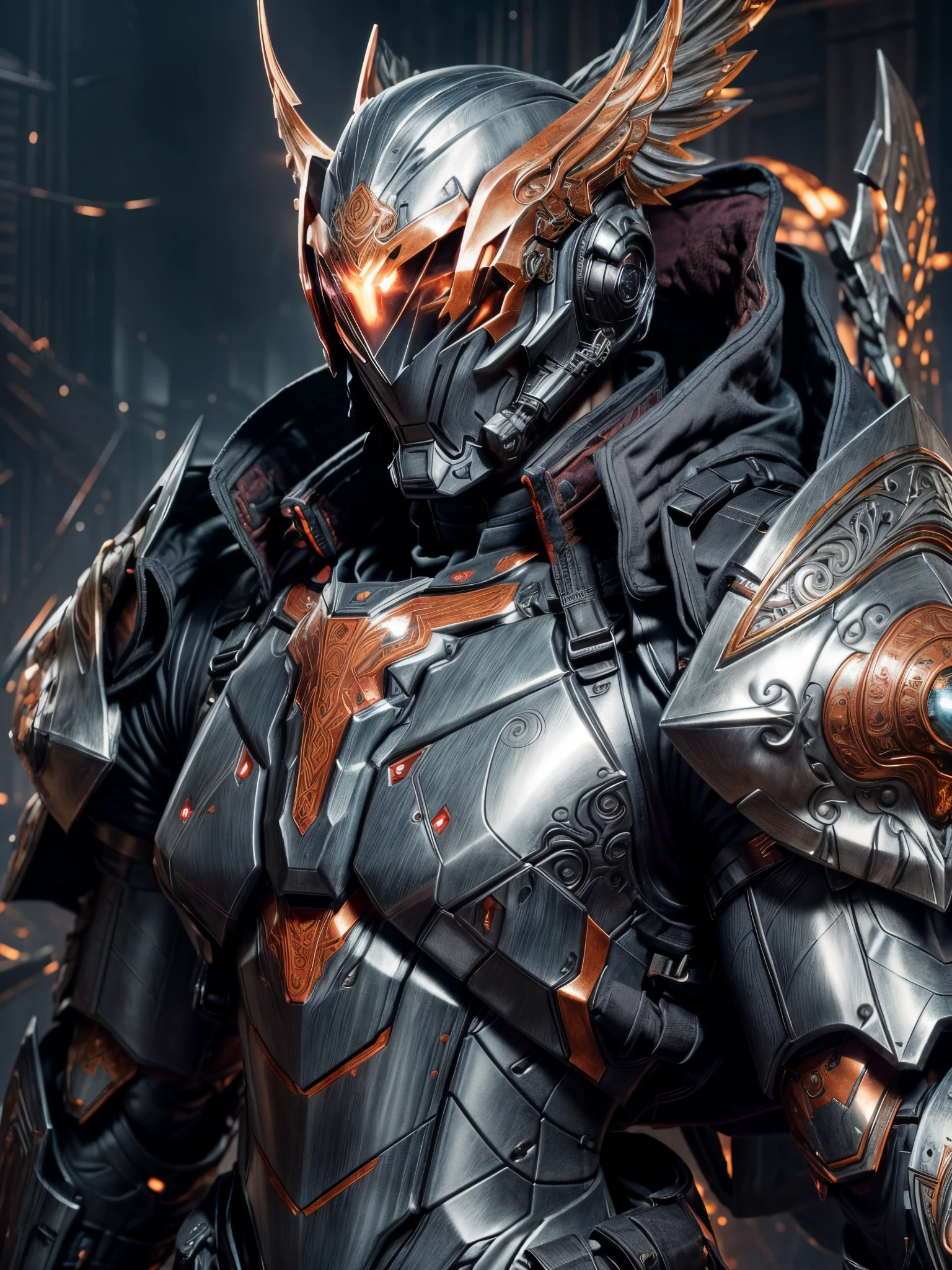 An epic and visually stunning digital artwork featuring a mid-30's feminine male astro marine with a scifi astro knight helmet that covers his whole head, armor plated flat masculine chest. The character is adorned in a scifi tactical armored trench coat, the armor plating on the upper arms and shoulders beautifully engraved. The image showcases the beauty and elegance of the character, capturing their flamboyant essence and heavy tactical goth aesthetic. The character has bright piercing beautifully rendered brass colored eyes that stand out against their helmet visor. The character also possesses androgynous features, with slim yet heavily muscled physique, sylphlike with a beautiful feminine waist and toned yet beautifully sleek cybernetic arms, gothic tribal markings flowing up their abs and down their arms, adding to their unique appearance, extremely beautiful eyes, extremely detailed eyes, looking at viewer