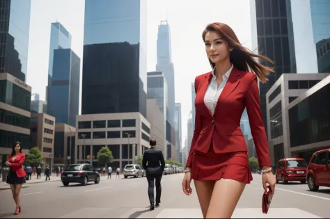 A girl in a business outfit walking alone confidently in a busy city street, surrounded by tall glass buildings and bustling wit...