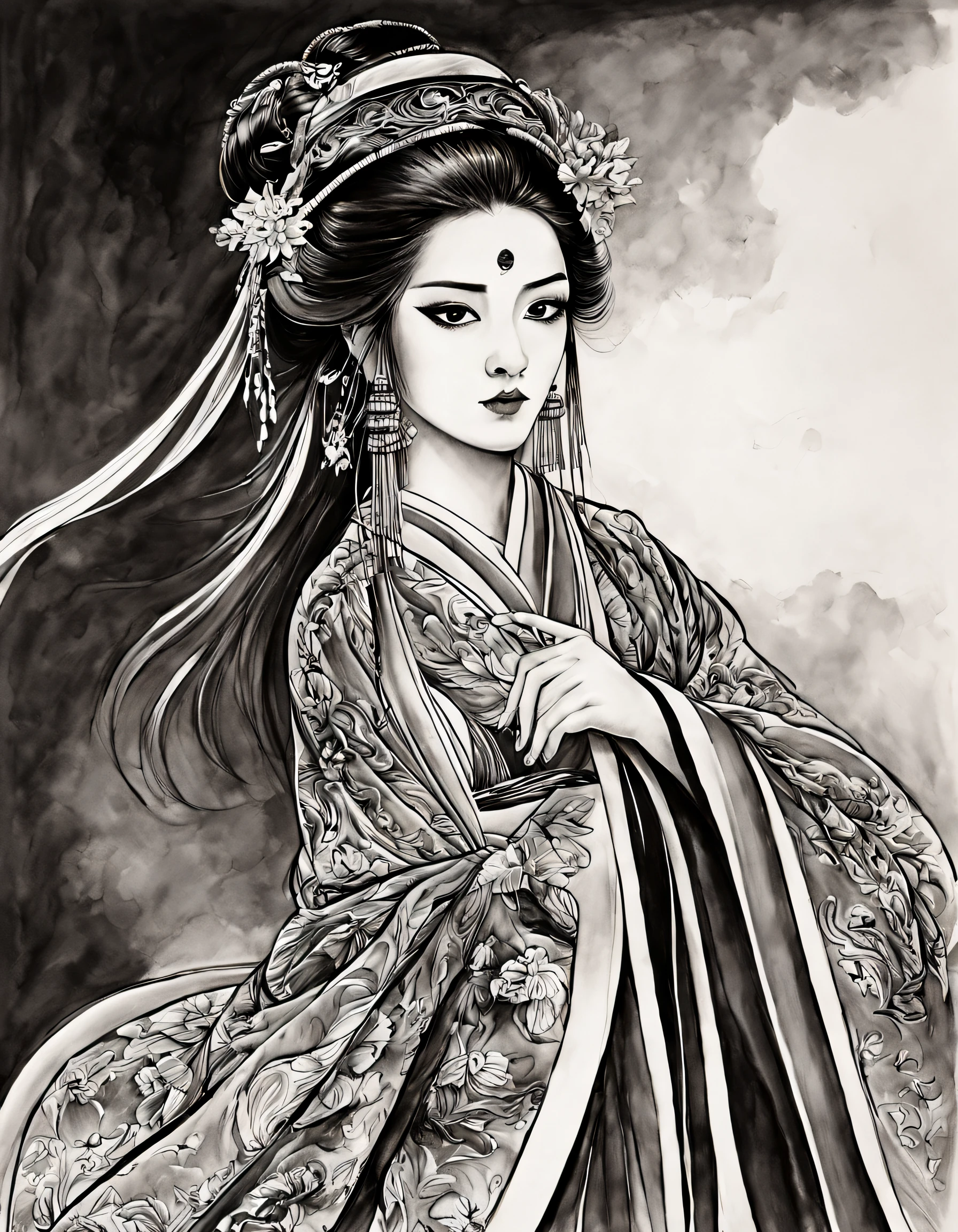 (Portrait of the beautiful heroine of Chinese Kunqu Opera）, Its beautiful black and white line art ,tmasterpiece,Fountain Pen Art,Black and white painting,chinese paintings,character drawing, pencil and ink manga, black and white coloring,Gel Pen,
abstracted, contours, zoom layer, hyper HD, tmasterpiece, high detal, high high quality, super detailing, Award-Awarded, A high resolution, 16k