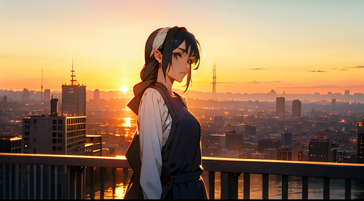 Upper body, Vista, girl with, Long hair, Standing, city, Sunset, Sunset, Sunset