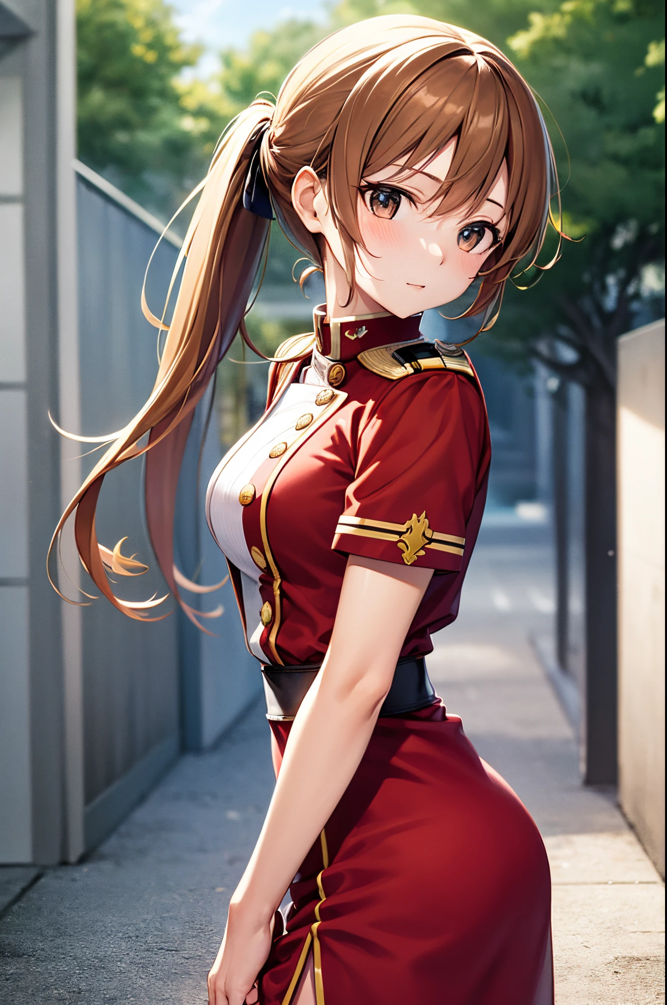 hight resolution, top-quality, ultra-quality、​masterpiece、anime-style picture、super precision、High quality anime girl with brown hair and brown eyes,[[Attractive eyes,A detailed eye、radiant eyes, Colorful eyes:1.25]]、the whole、front-facing view、Short ponytail, Brown hair、Solo Girl,red and white uniform、Dress correctly、best pictures, masutepiece, Photorealistic, Soft light, Attractive eyes that make you feel sucked in、Cowboy Shot、Kawaii Girl