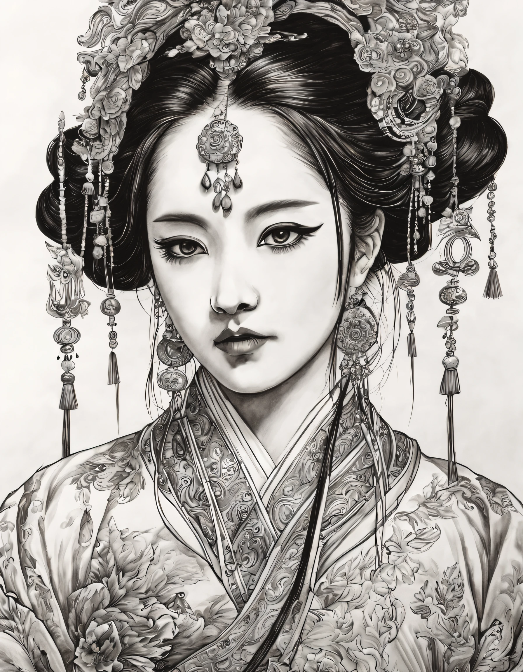 (Portrait of the beautiful heroine of Chinese Kunqu Opera）, Its beautiful black and white line art ,tmasterpiece,Fountain Pen Art,Black and white painting,chinese paintings,character drawing, pencil and ink manga, black and white coloring,Gel Pen,
Abstract, contours, zoom layer, hyper HD, tmasterpiece, high detal, high high quality, super detailing, Award-Awarded, A high resolution, 16k