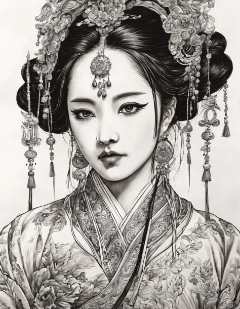 (Portrait of the beautiful heroine of Chinese Kunqu Opera）, Its beautiful black and white line art ,tmasterpiece,Fountain Pen Ar...
