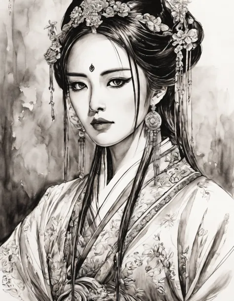 (Portrait of the beautiful heroine of Chinese Kunqu Opera）, Its beautiful black and white line art ,tmasterpiece,Fountain Pen Ar...