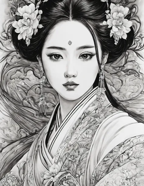 (Portrait of the beautiful heroine of Chinese Kunqu Opera）, Its beautiful black and white line art ,tmasterpiece,Fountain Pen Ar...