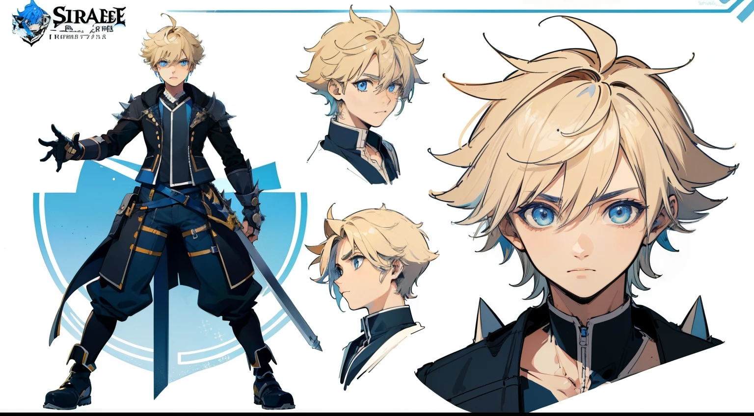 ((Masterpiece, highest quality)), detailed face, character sheet, Full body, 1boy, blue eyes, blonde hair, , short hair, messy hair, ((spiky hair)),, hair between eyes, blue theme, full of details, multiple poses and expressions, highly detailed, depth, many parts, water