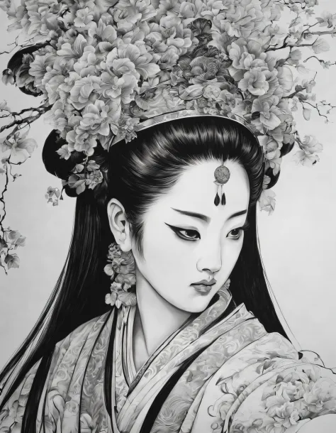 (portrait of the beautiful heroine of chinese kunqu opera）, its beautiful black and white line art ,
tmasterpiece,fountain pen a...