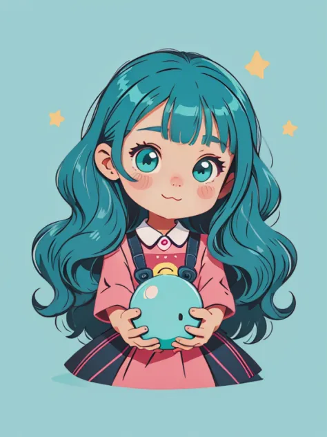 High quality design vector style image, Cute little girl s。Huge long hair。curlies。Large turquoise colored eyes。 full bodyesbian：...