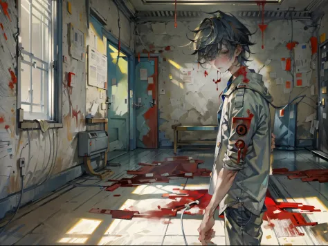 (masterpiece, best quality, high quality, ultra detailed, highres), 1boy, the abandoned hospital room, ruin hospital room, distr...