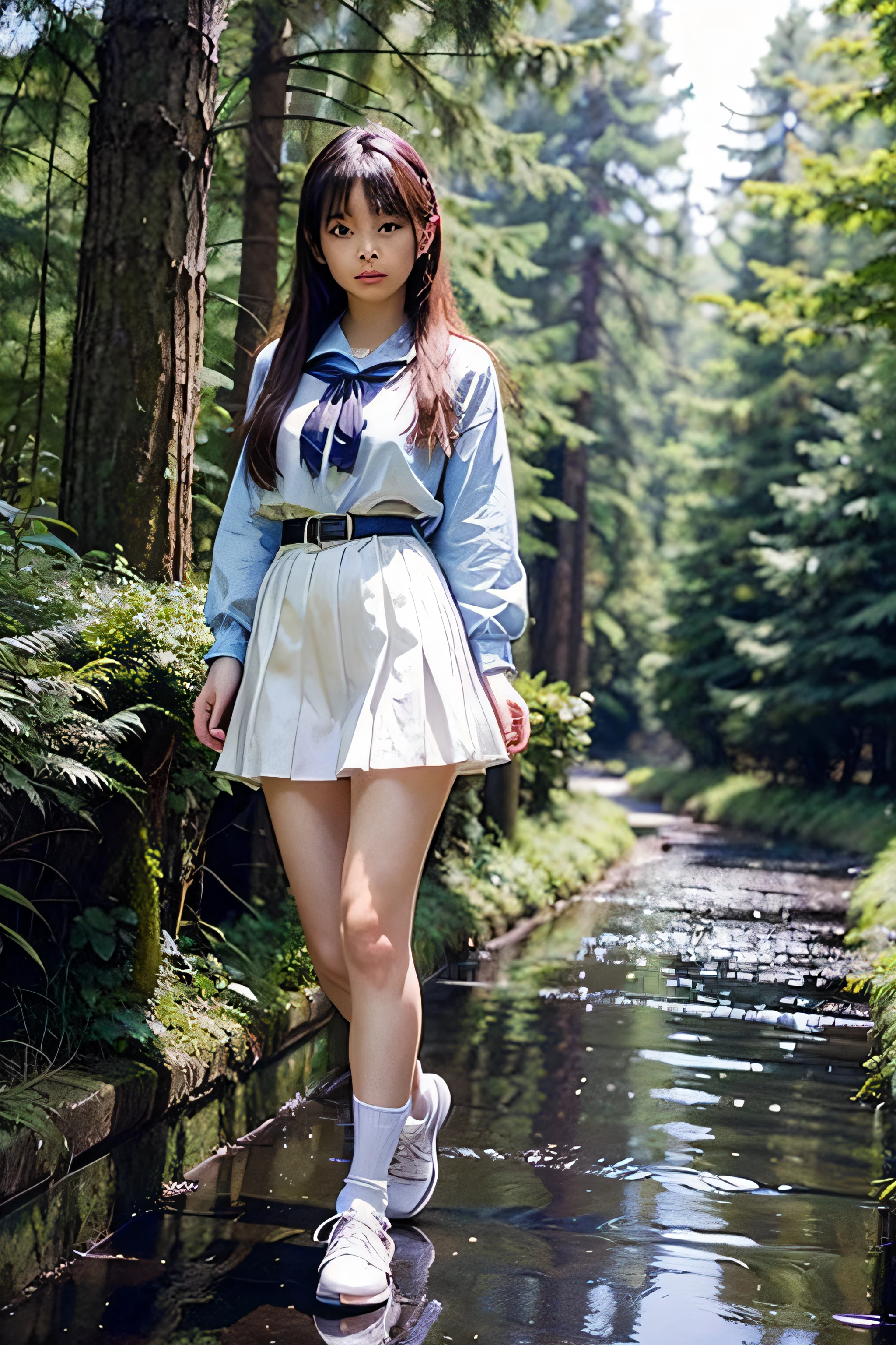 nffsw,​masterpiece、high-level image quality、The ultra -The high-definition、8k wallpaper、((Extremely beautiful face、kawaii faces))、Bright brown eyes、((Double beautiful eyes))、no-makeup、Well-formed face,full body Esbian、a sailor suit,Blue Ribbon、White skirt、One Beautiful Girl, hi-school girl、15yo student、Hairstyle with bangs、great outdoors、Blue swamp in the coniferous forest belt、Beautiful girl walking in the water and coming here、Embarrassment、confusion、Ephemeral、dark sky、side lights、Noise Reduction、Pale and soft light、diffuse glow、Hair that flutters in the wind、A skirt that flutters in the wind,pantiy、White panty、Soaring skirt、pantiy