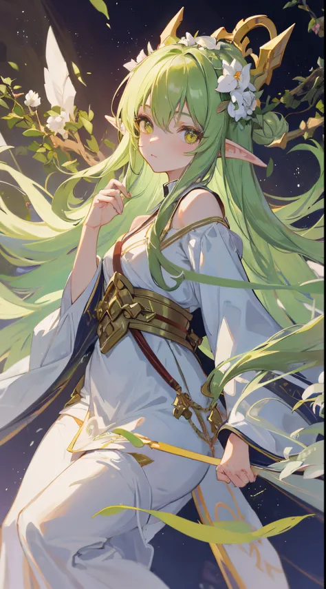 1mature elves girl, green long hair, golden eyes, white sage robe, she ...