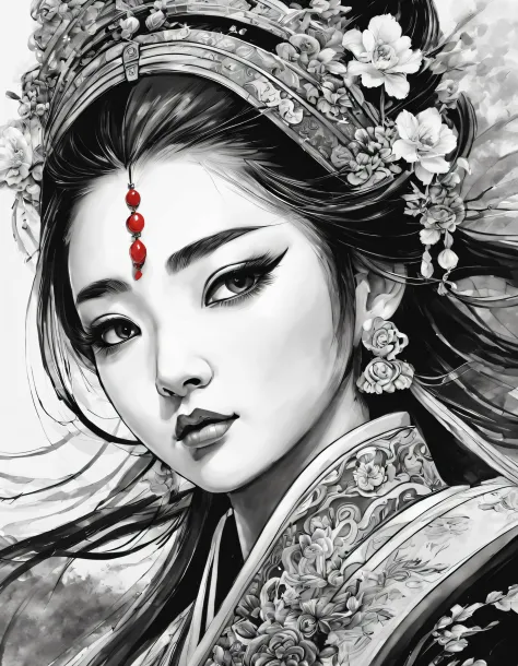 (Portrait of the beautiful heroine of Chinese Kunqu Opera）, Its beautiful black and white line art ,
tmasterpiece,Fountain Pen A...