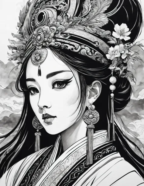 (Portrait of the beautiful heroine of Chinese Kunqu Opera）, Its beautiful black and white line art ,
tmasterpiece,Fountain Pen A...