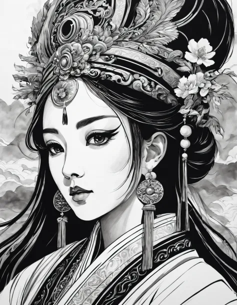 (portrait of the beautiful heroine of chinese kunqu opera）, its beautiful black and white line art ,
tmasterpiece,fountain pen a...