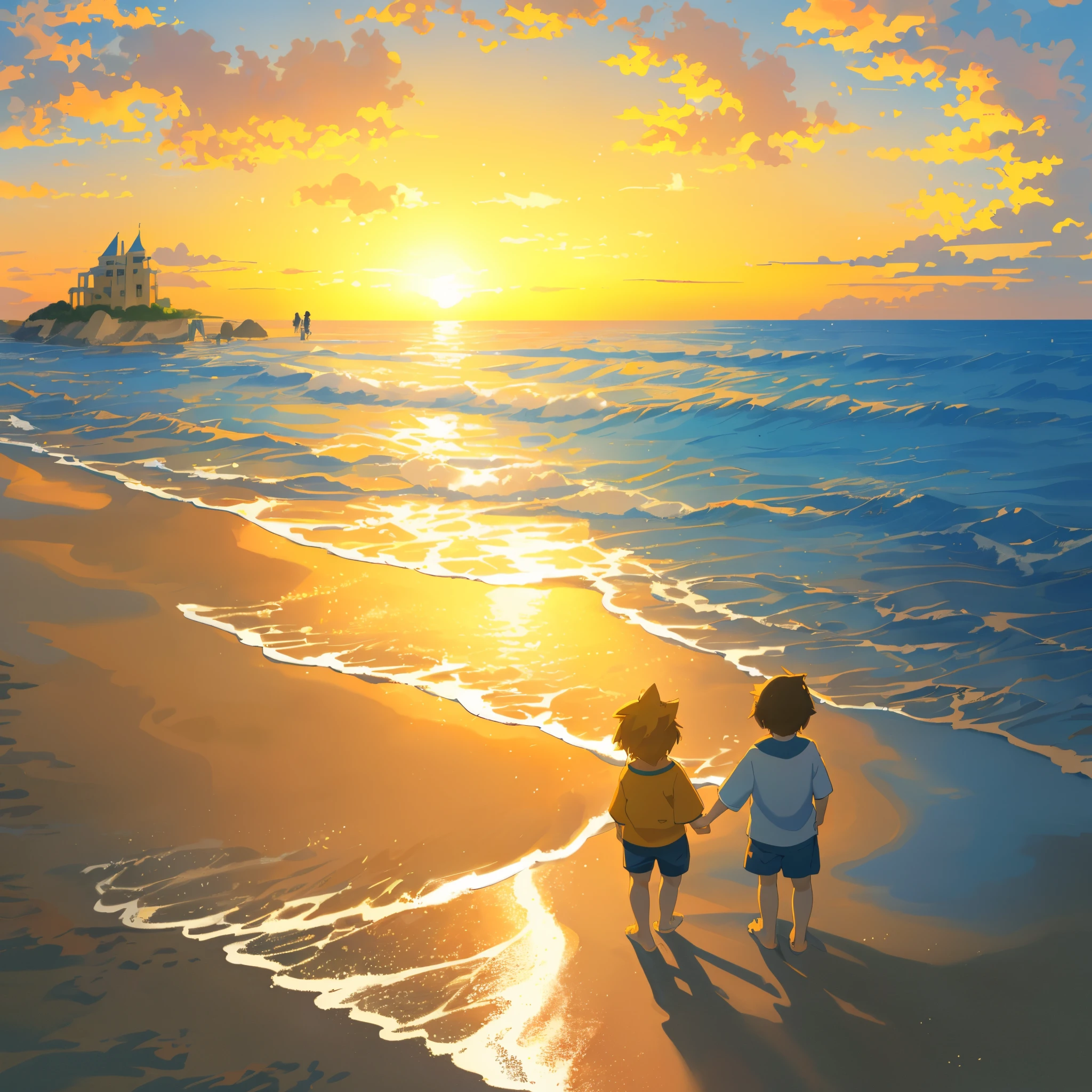 絵画、二人の子供が夕日に照らされた海辺を歩いている - SeaArt AI