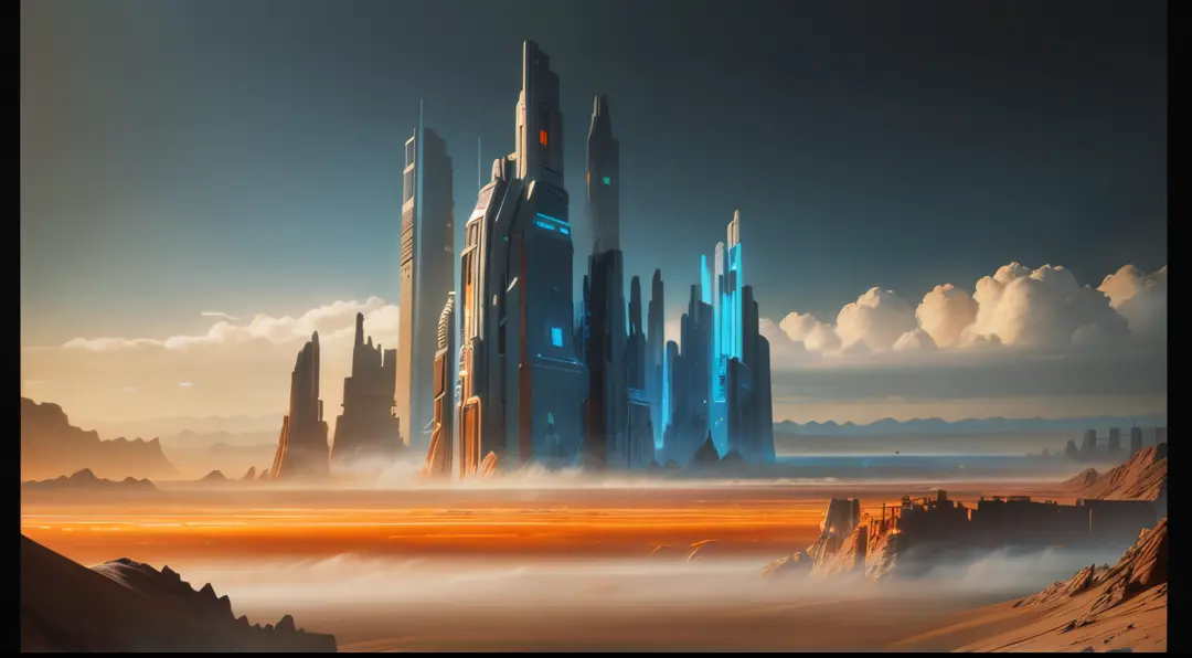 (Analog Style), Eschatological style wide angle, scifi future landscape, ((futuristic city in the distance)), (barren landscape with mountains similar to mars), beautiful clouds, haze:0.15, epic scenery, (cinematic), volumetric lighting, subsurface scatter...
