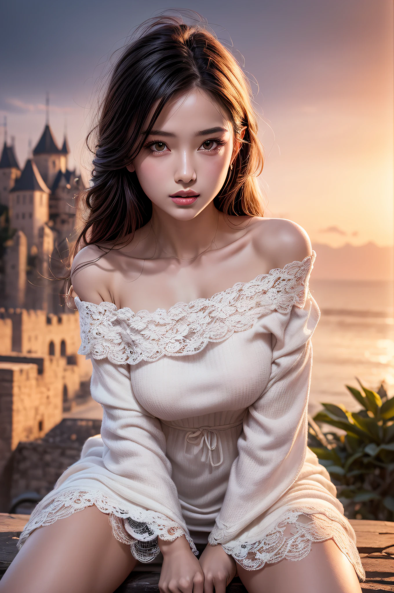 (Best Quality:1.4),  (hyper quality),  (Ultra-detailed),  1 beautiful girl,  Extremely cute,  Amazing face and eyes,  (beautiful lace gorgeous off shoulder dress:1.5),  (beautiful breasts:1.1),  (slender body:1.1),  Authentic skin texture,  bright and shiny lips,  Beautiful Goddess Advent,  (sitting, legs spread), pubick hair,  cameltoe details,  Beautiful background,  Golden ratio,  conceptual art,  Super Detail,  ccurate,  high details,  Anatomically correct,  Outdoors,  Beautiful jungle,  (Giant Castle:1.5),  cutting edge,  Sexy Art,  Open your legs,   Surrounded by beautiful sunsets,  dazzling lights,  Super delicate illustration details,  Highly detailed CG integrated 8k wallpapers,  RAW Photos,  professional photograpy,  Cinematic lighting,  Super gorgeous illustrations,  depth,  depth of field, (View from below)