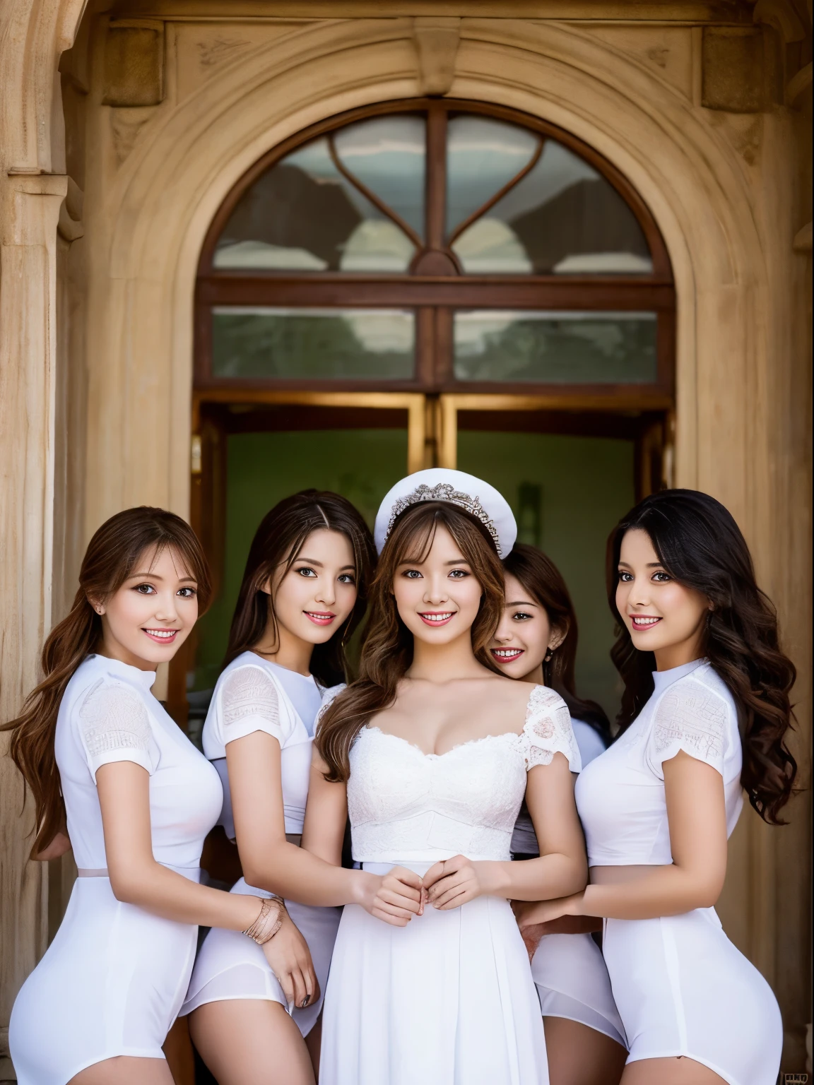 Best Quality，high-definition picture，Several women in white uniform in sexy pose, palatial palace，Warm feeling, lots of light，high-definition picture