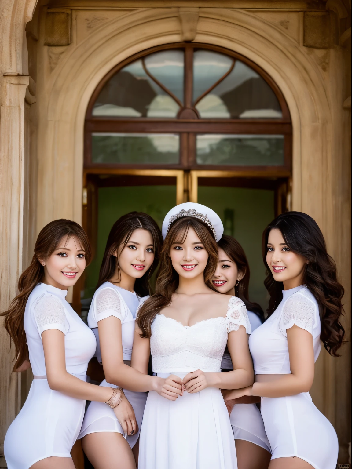 melhor qualidade，imagem de alta definição，Várias mulheres de uniforme branco em pose sexy, palácio palaciano，Sensação calorosa, muita luz，imagem de alta definição