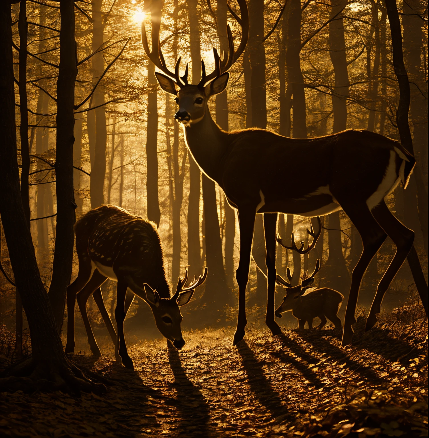 树叶中的两只鹿, 一只嗅着地面, 另一个环顾四周 一片奇幻森林，视角模糊，阳光, 穿过树木