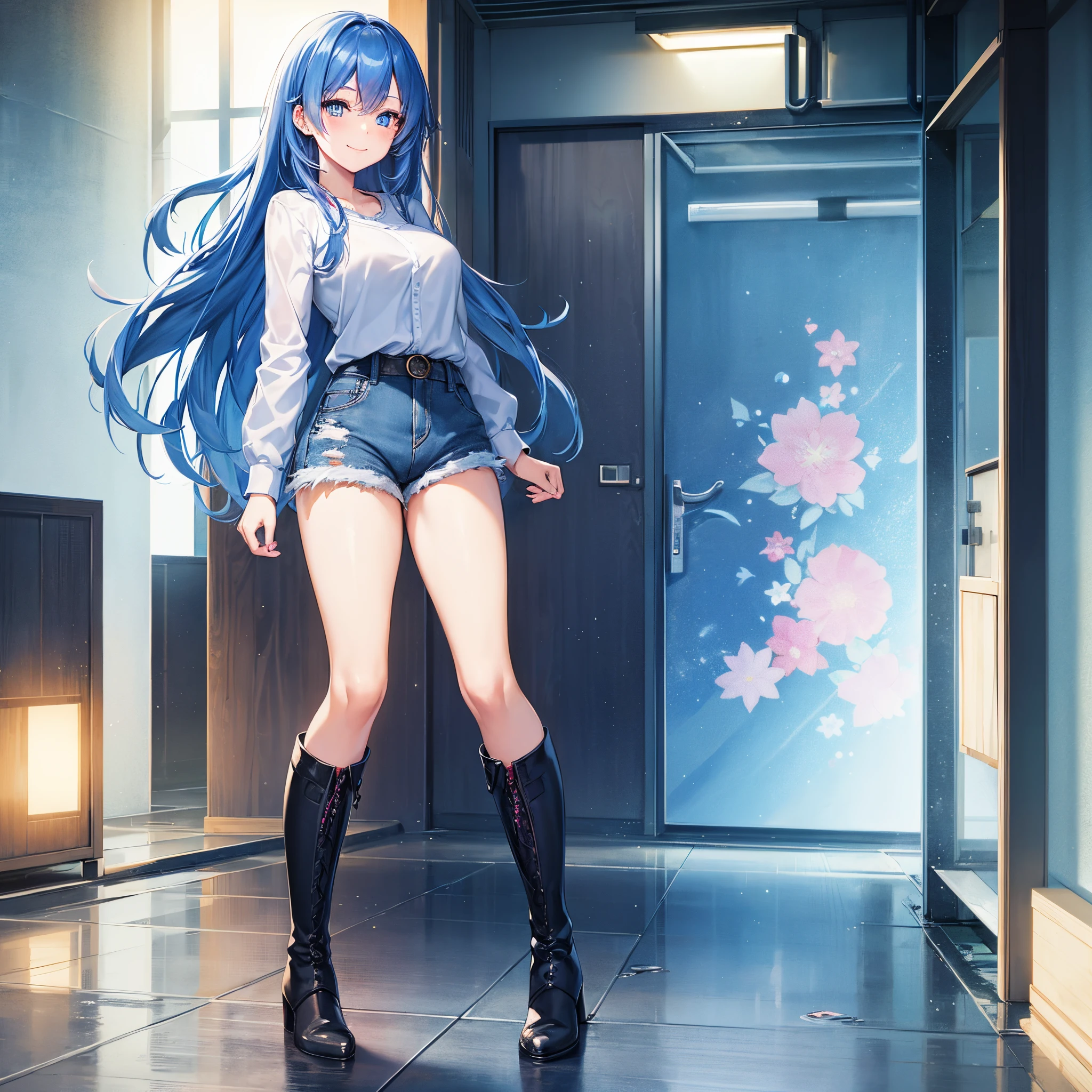 Anime girl with blue hair and boots posing in a hallway - SeaArt AI