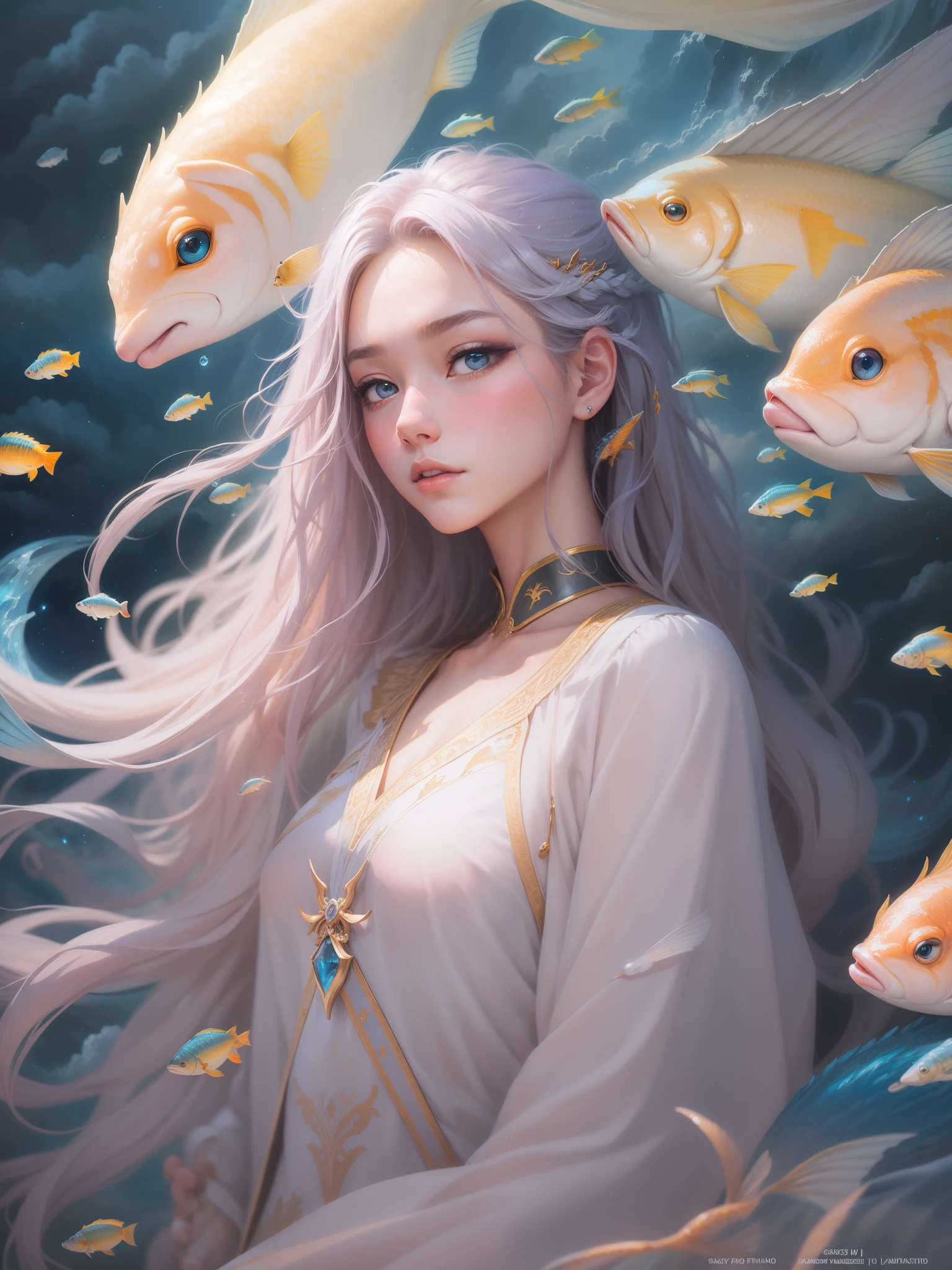 （tmasterpiece，official art aesthetic）。an oil painting，Oil brush strokes，Fantasyart：1.37，sky picture above,Fluffy clouds：1.37， （sad cloud goddess：1.37, The eyes are bright，Light-colored hair，Delicatemakeup，Glowing skin，Tulle clothes，Schools of fish surround her：1.37），Contre-Jour，Guviz style artwork, fantasy art style, In Baiyun Wonderland, beautiful fantasy art portrait