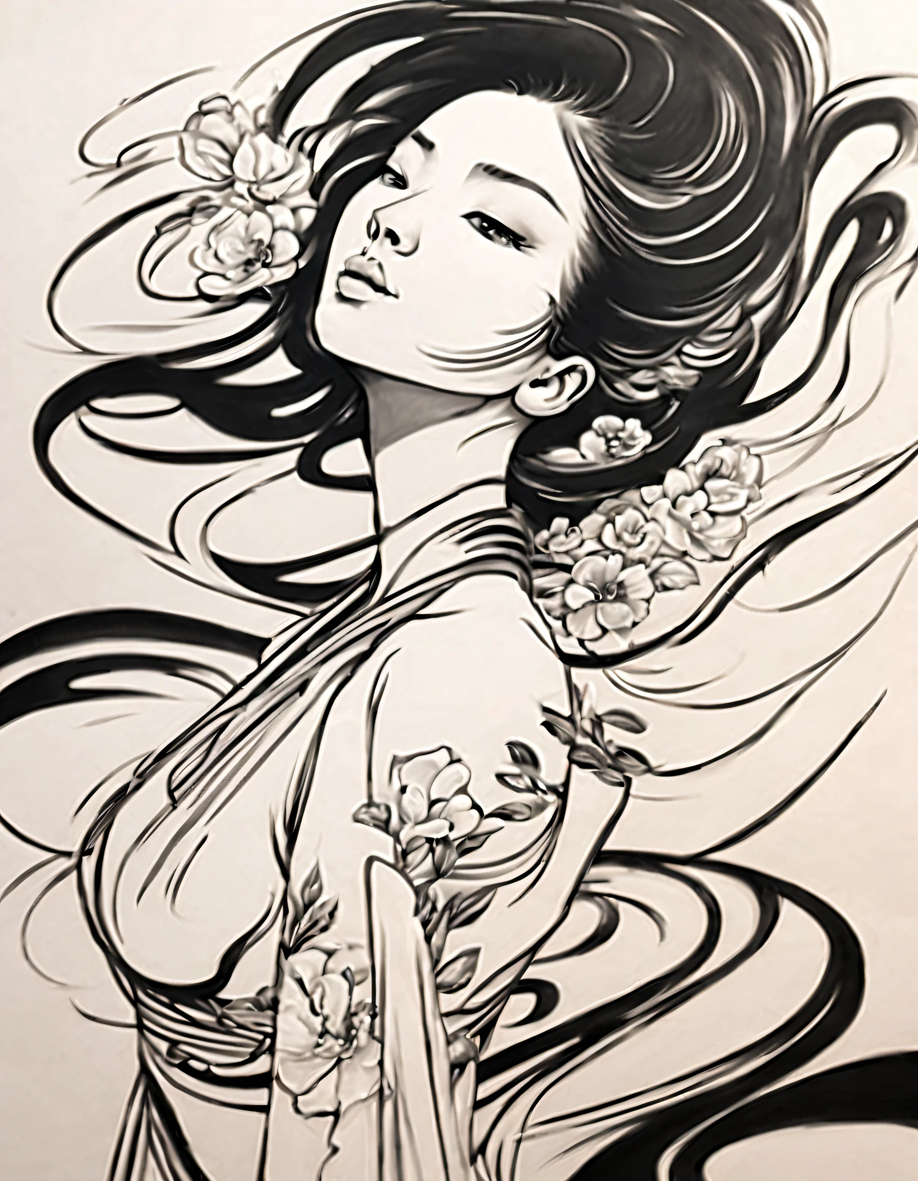 Chinese traditional ink body art style, (Use simple lines to outline a woman’s beautiful body），woman&#39;s back, undulating lines, Thick and thin lines, (body art）,
line art, Black and white painting,character drawing,line art,lyrical abstraction, Fountain Pen Art,Gel Pen,crayon art,