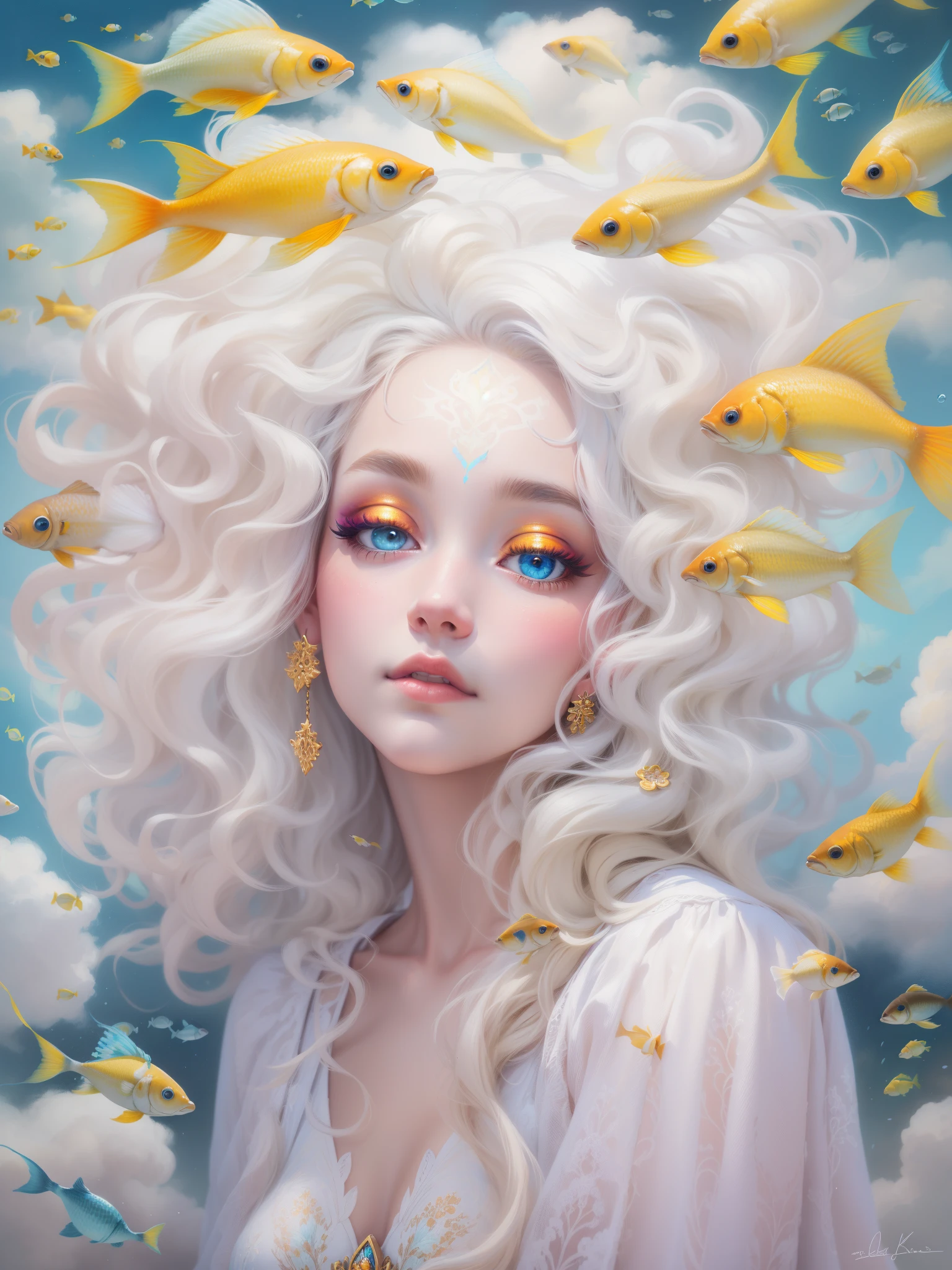 (most realistic, 4k, highres, masterpiece:1.2), oil paint, fantasy art:1.37, sky with fluffy clouds:1.37, (sad cloud goddess:1.37, bright eyes, light-colored hair, elaborate makeup, glowing skin, sheer clothing, surrounded by a school of fish:1.37), backlit, Gustav Klimt-style artwork, whimsical art style, in a white cloud paradise, beautiful fantasy art portrait