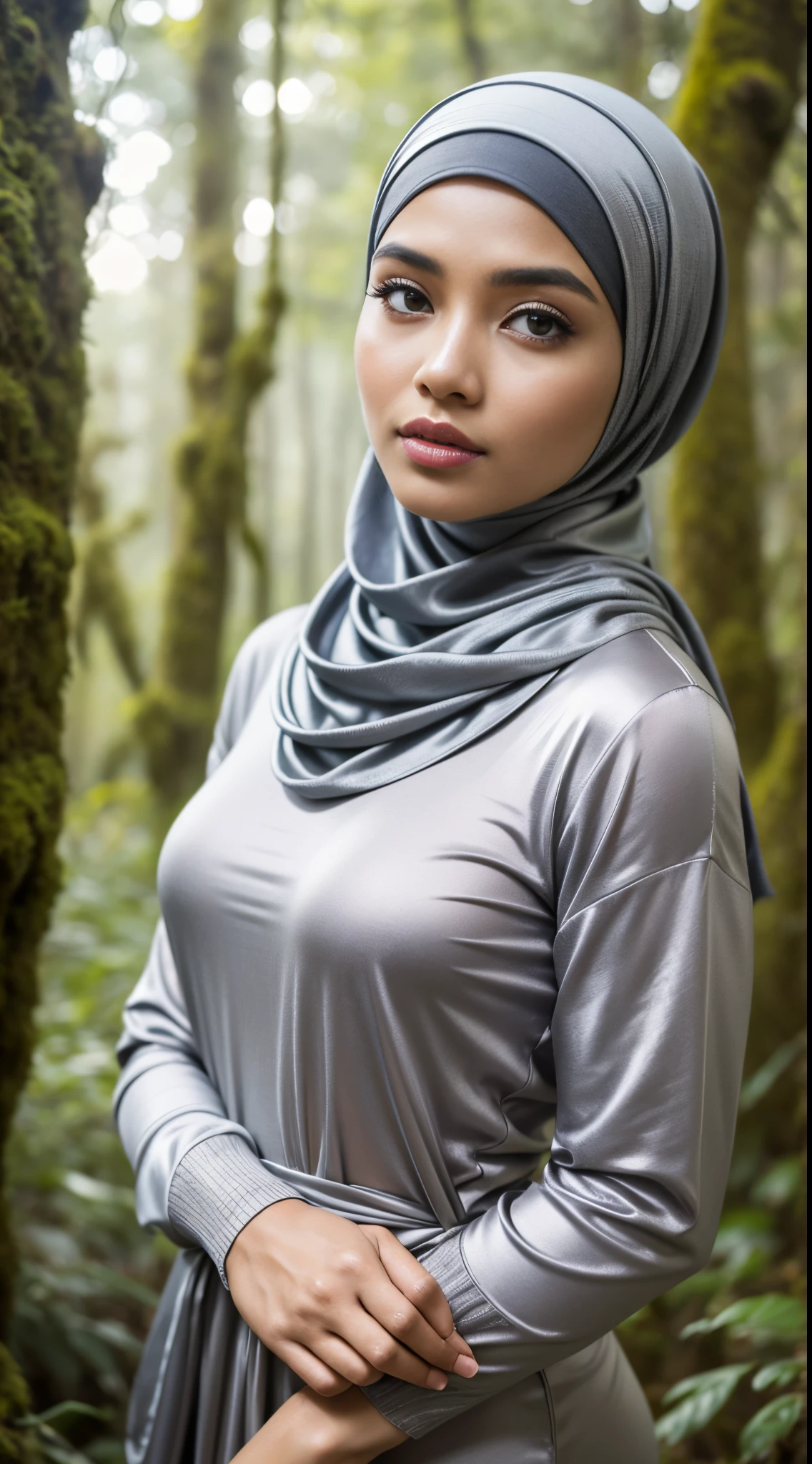 RAW, Best quality, high resolution, masterpiece: 1.3), Beautiful Malay woman in hijab (iu:0.8),looking at viewert，Portrait photography of a beautiful young malay girl in hijab , wearing ((gray satin headscarf)), loosely tide hijab style, Wearing a turtleneck sweater and skinny jeans, big breast，Detailed eyes，Sittineyes，standding on the mossy ground in rain forest， diffuselighting, depth of fields