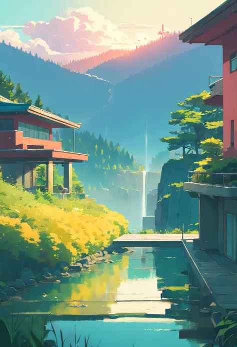 (((An amazing house))), (minimalism and brutalism style influence), (((with terraces))), (beautiful gardens), ((lake)), waterfall ((top of a samm hill)), (in edge of a river), sunset, big, deep and beautiful clouds, illustration format, cool and warm color...