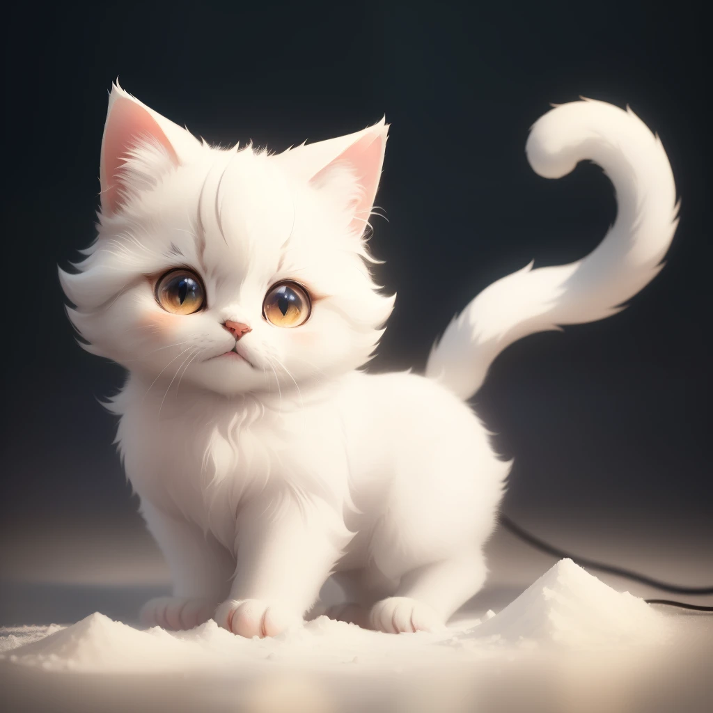 Super cute little cat，White furry fur and white powder elements，Beautiful lights and shadows，ambient lights，Ultra-fine fur，volumettic light, anime cartoon style
