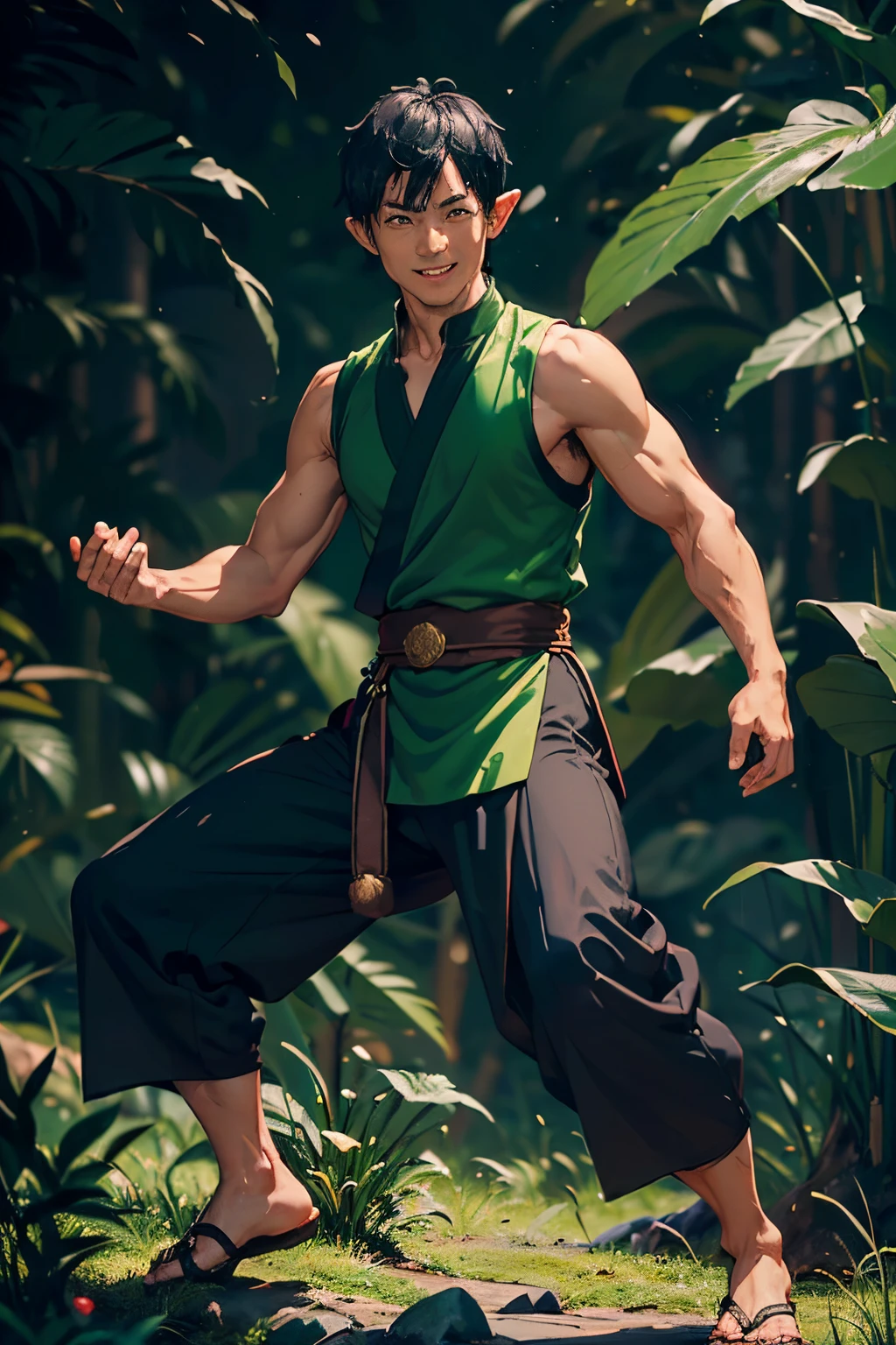 ((One adult man 30 years old with very short black hair, tall, wearing a green sleeveless monk suit, fantasy monk, asian face, small eyes)), (fighting pose), karate, smiling, cunny smile, elves ears, fantasy setting, ((full body)), wearing monk shoes