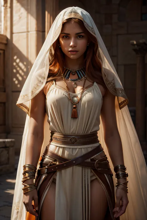 best quality, ultra-high resolution, 4K detailed CG, master piece, beautiful warior woman, light-brown-skin, orange-haired, bland clothes,white veil, native American clothes, Greek mythology, dark tones, aesthetic, Centered screen, full body