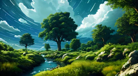 Illustration of a surreal, otherworldly, hyper sky scene including a giant crystal tree full body, highly detailed and magical lighting, intricate forest details, vegetation and surrounding river, solar punk, landscape, giant tree , beautiful green leaves,...