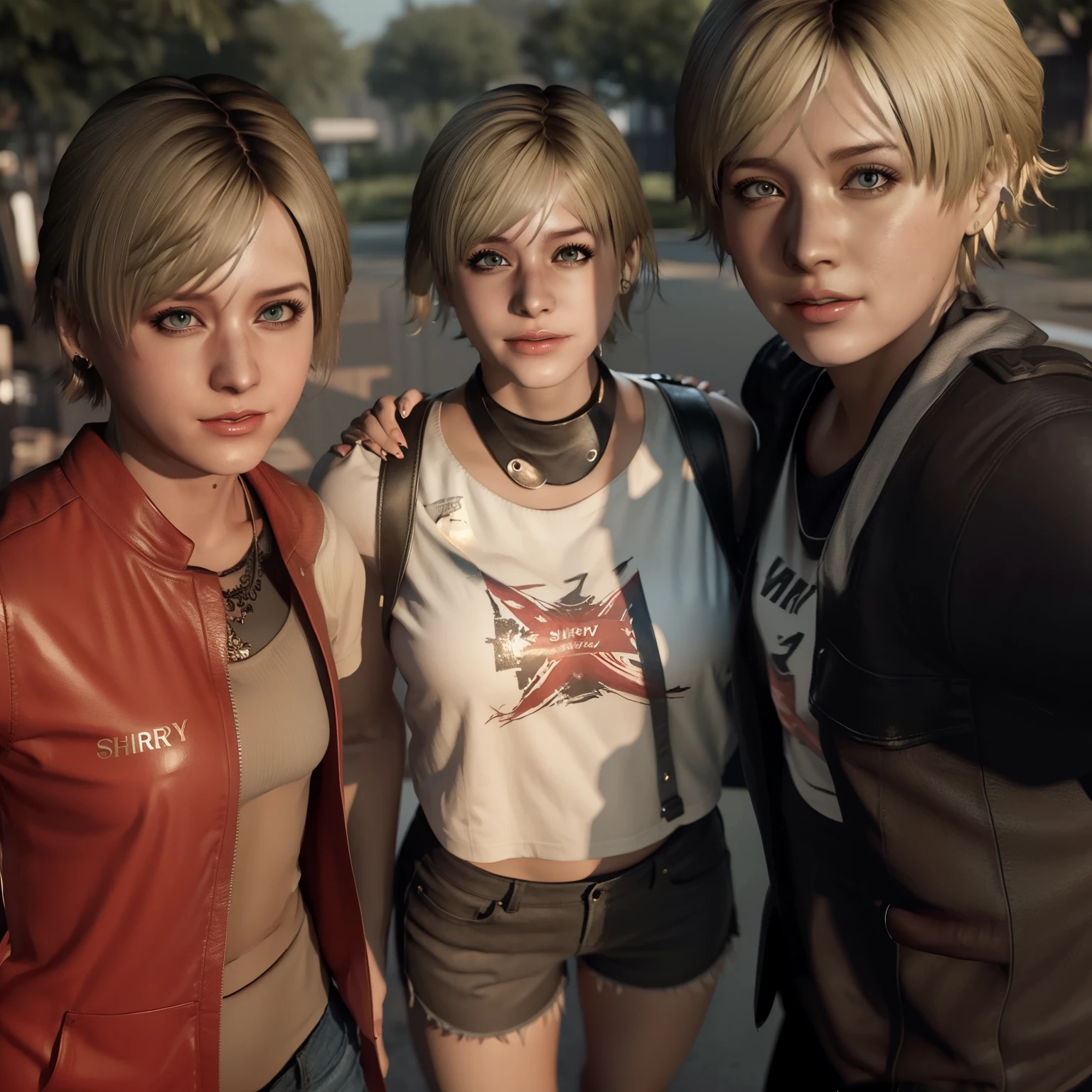 Frau, Sherry Birkin , blondes Bob-Haar, trägt ein weißes T-Shirt, graue Hotpants, Nagellack, glücklicher Ausdruck