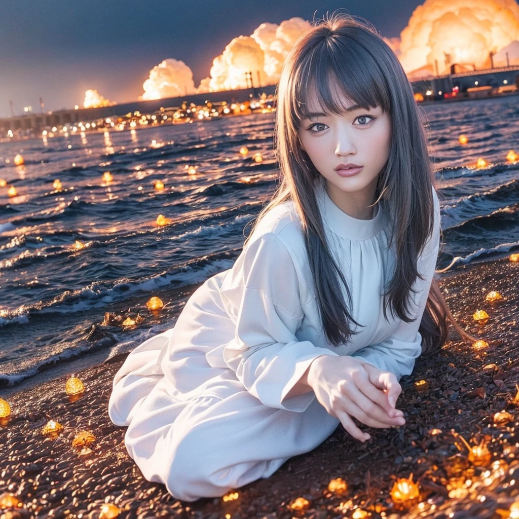 masutepiece, Exquisite, {beautiful and meticulous girl}, Beautiful and detailed halo, (Fire of War: 1.2), (nuclear explosion behind: 1.3), Rain, Detailed Lighting, Detailed water, (Beautiful and detailed eyes: 1.1), deadpan, palatial palace, sky blue hair, Scattered hair, Long bangs, eyebrows, (whitegrey dress: 1.1), a black ribbon, white bow ties, upper abdominals, large forehead, dull, flower, Long sleeves