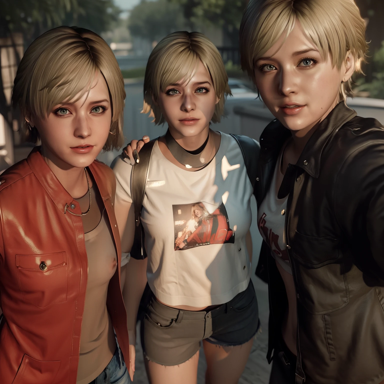 Frau, Sherry Birkin , blondes Bob-Haar, trägt ein weißes T-Shirt, graue Hotpants, Nagellack, glücklicher Ausdruck