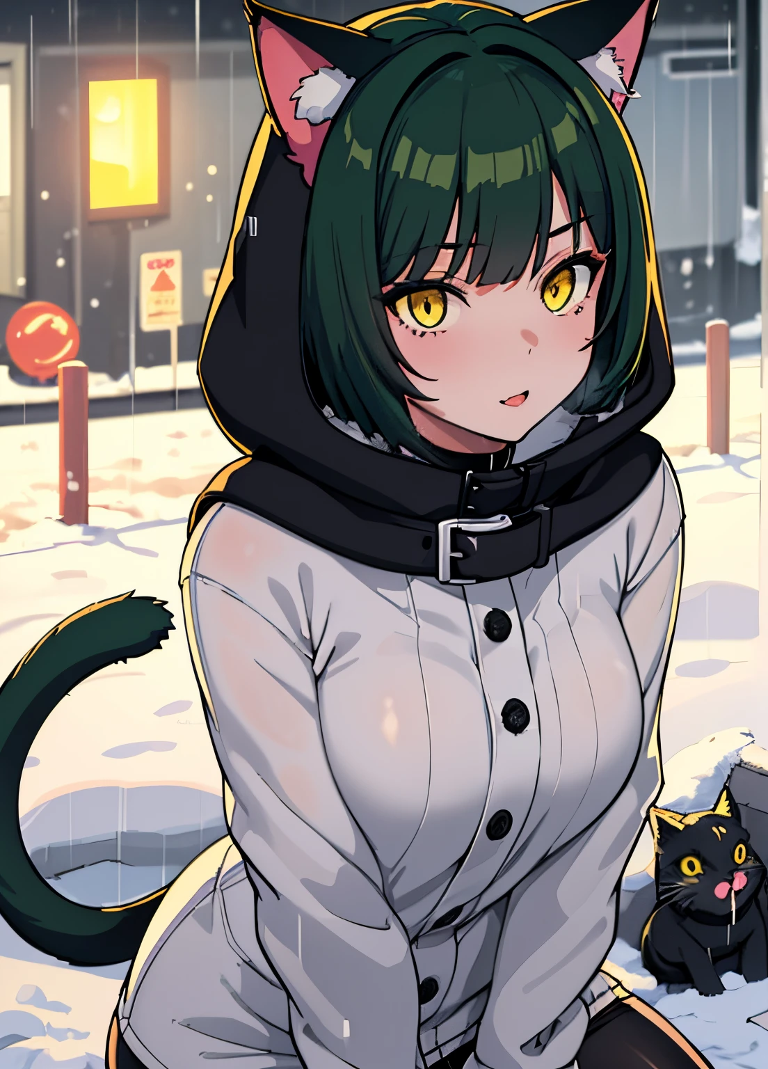 Cute girl, dark green hair, yellow eyes, short hair, cat ears - SeaArt AI