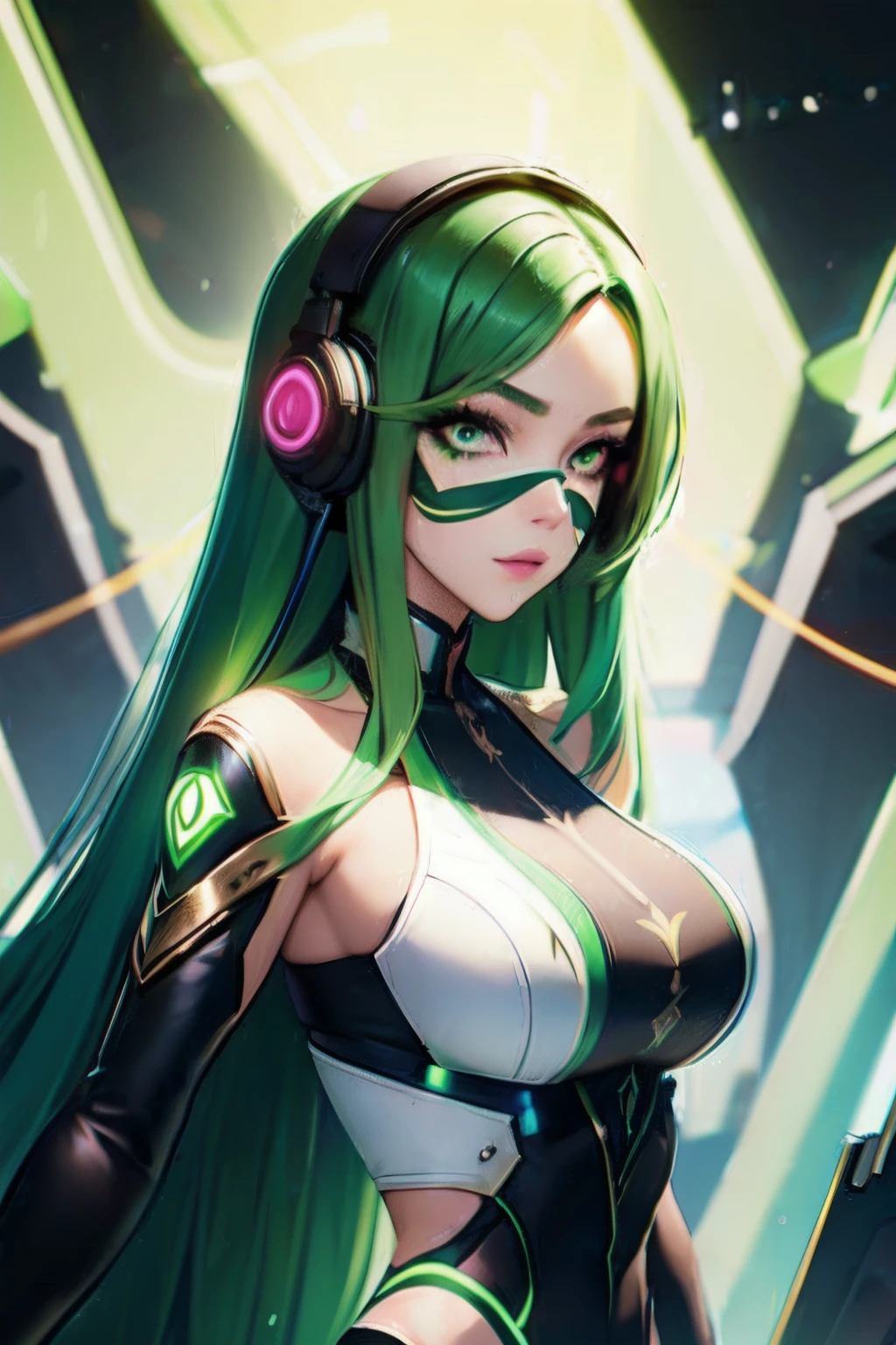 girl with long green hair, green eyes, futuristic vibes, mask on mouth, headphones, 8k, high quality, simple background, glowing eyes, nice pose