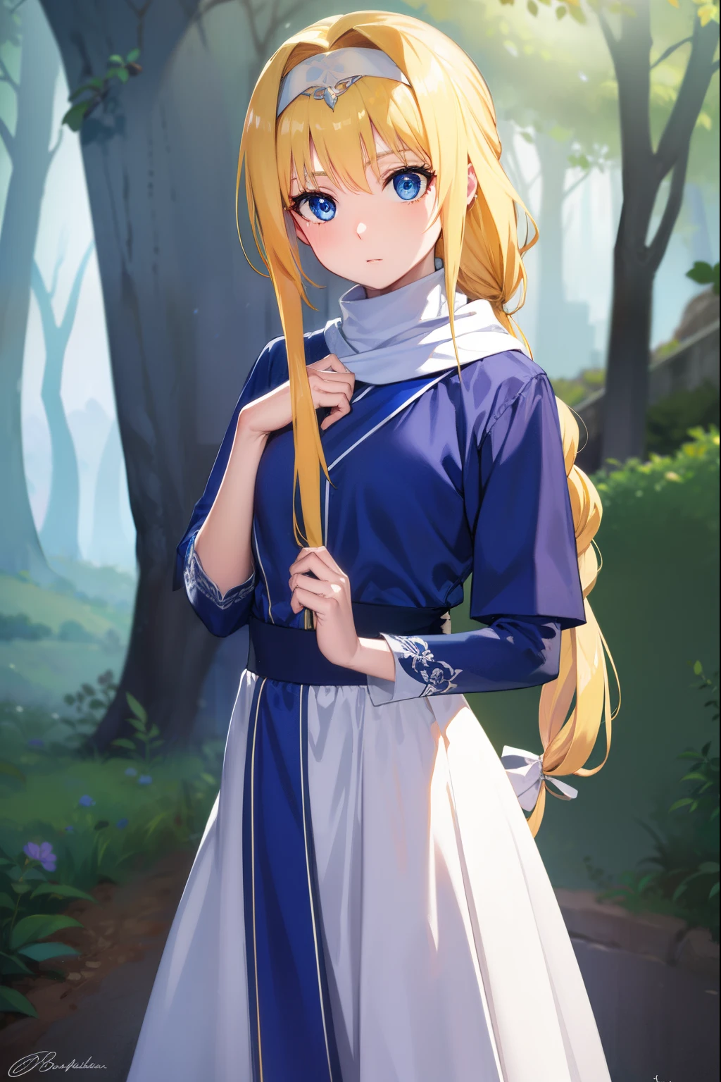 alicezuberg, alice zuberg, bangs, blue eyes, blonde hair, hair between eyes, very long hair, braid, hairband, white hairband,,
Muslimah dress,long skirt,and yellow headscarf
BREAK outside, forest,
BREAK looking at viewer, BREAK (masterpiece:1.2), best quality, high resolution, unity 8k wallpaper, (illustration:0.8), (beautiful detailed eyes:1.6), extremely detailed face, perfect lighting, extremely detailed CG, (perfect hands, perfect anatomy),